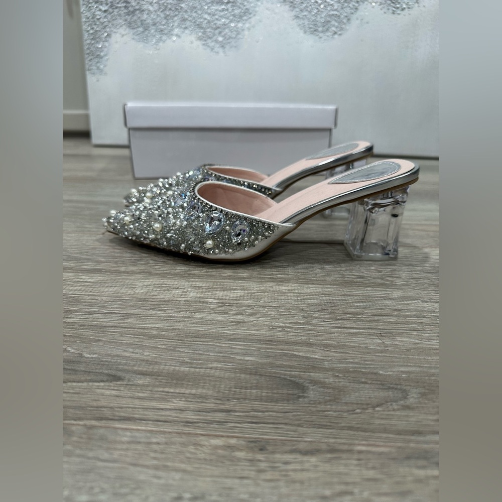 Silver Embellished Heeled Mules - Picture 3 of 7
